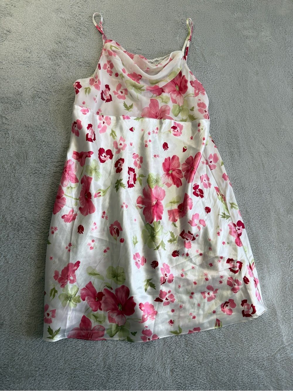 Delicates White Floral Cowl Neck Slip Dress - Pink & Green Flowers M